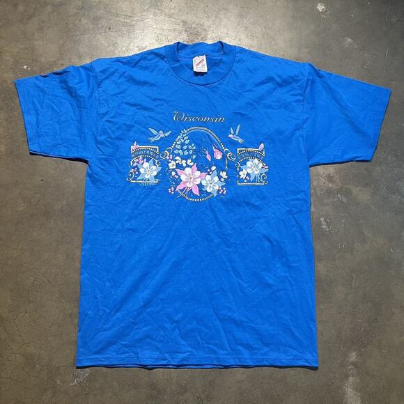 Vintage 90s Wisconsin Blue Floral Destination T-Shirt - Picture 1 of 3